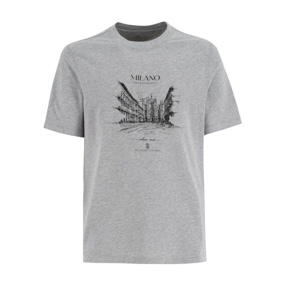 Brunello Cucinelli Gray T-Shirts, Male, M, Spring Print Crew-Neck Cotton T-Shirt