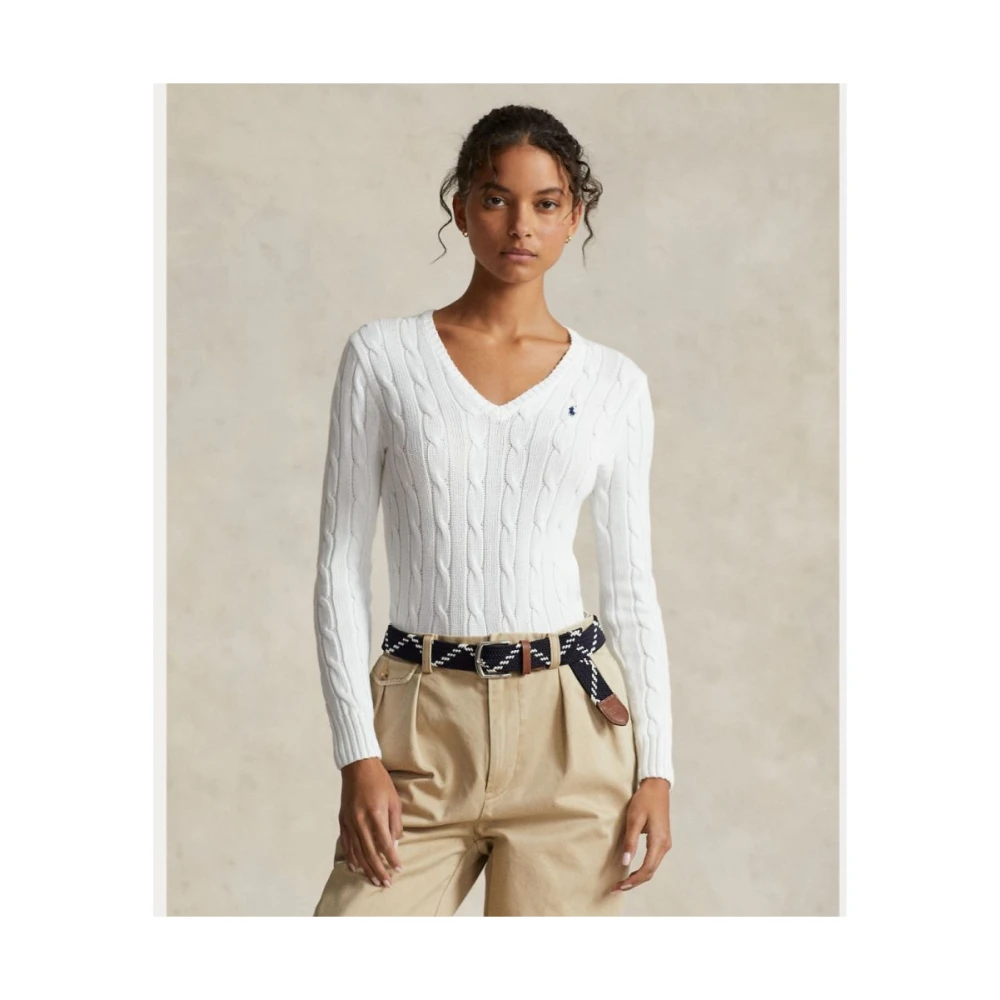 Ralph Lauren Kabel Gebreide V-hals Trui White Dames