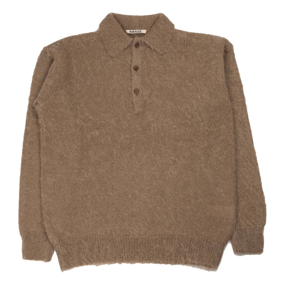 Auralee Luxe Mohair Gebreide Polo in Grijs Beige Heren
