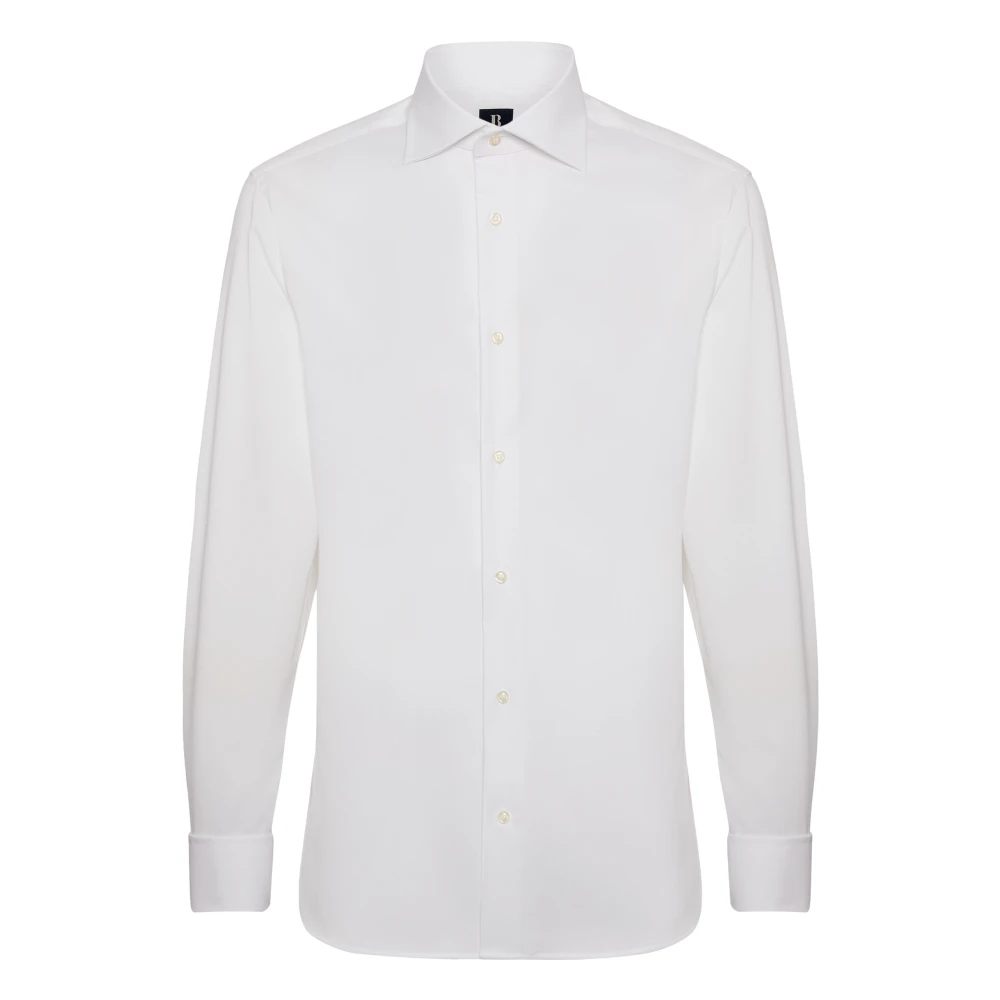 Boggi Milano Mannelijk Wit Overhemden Heren, M, Katoen, Slim Fit Pinpoint Katoenen Overhemd