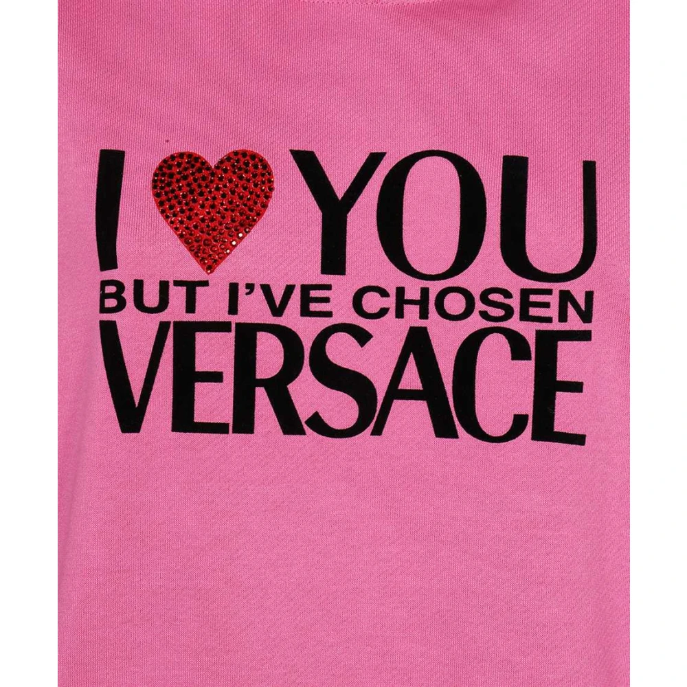 Versace Katoenen Hoodie met Rhinestones Logo Pink Dames