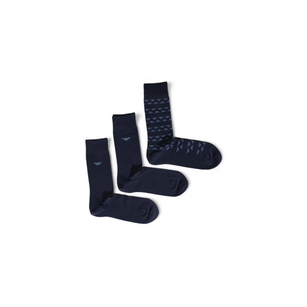 Emporio Armani Blauwe Katoenen Logo Crew Socks 3-Pack Blue Heren