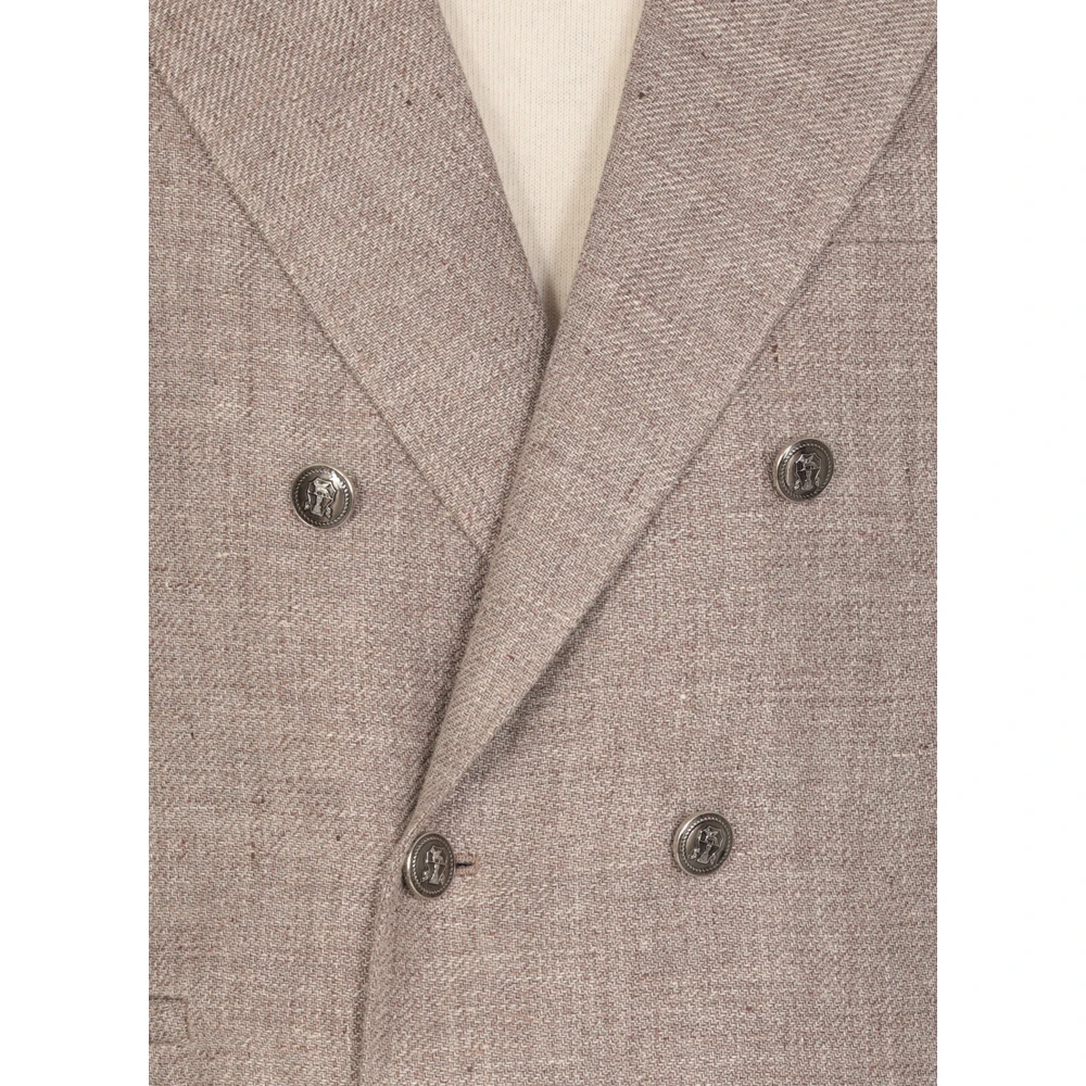BRUNELLO CUCINELLI Dubbelbreasted Linnen en Wol Jas Brown Heren