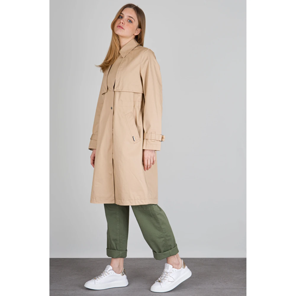 Woolrich Beige Katoenen Trenchcoat met Trekkoord Taille Beige Dames