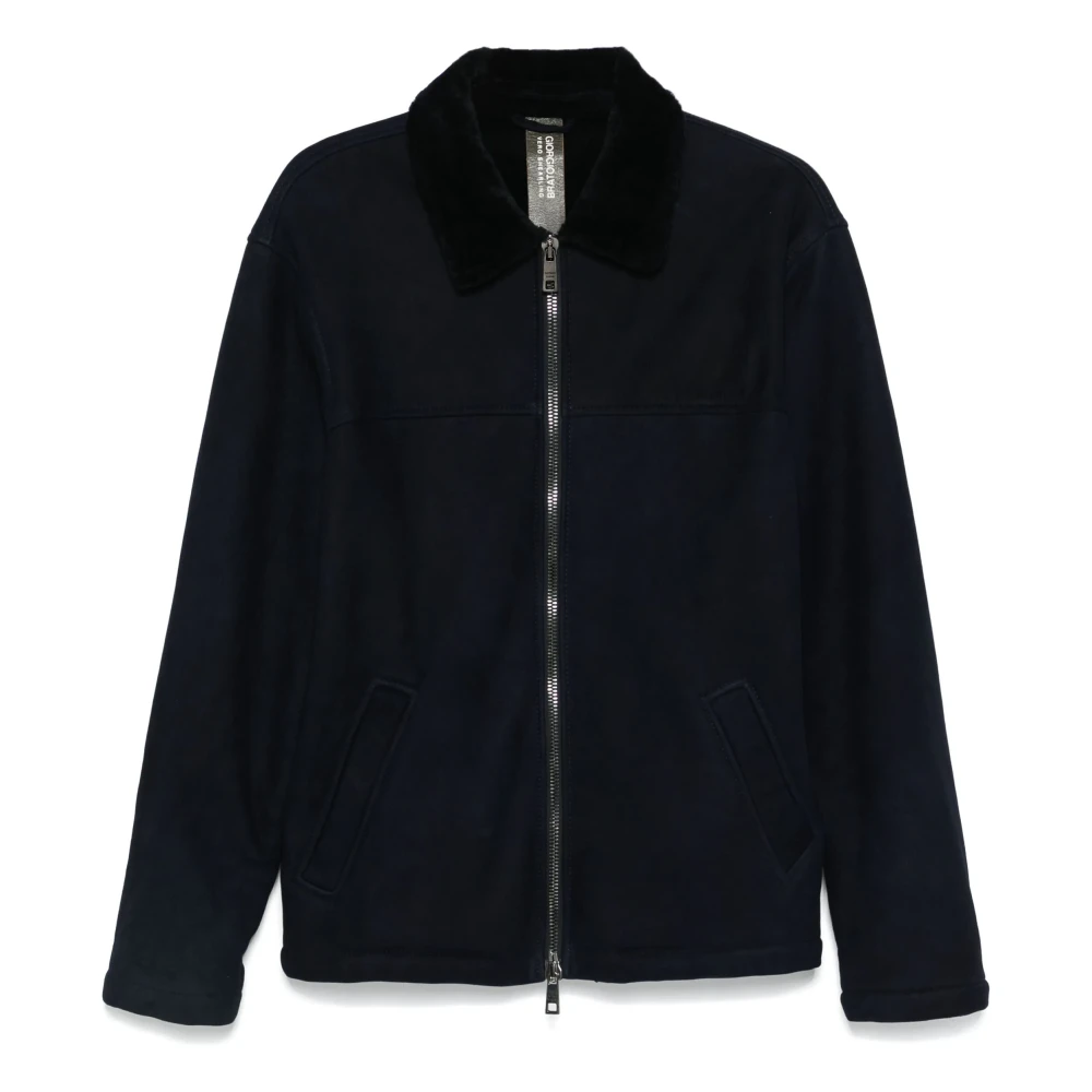Giorgio Brato Shearling Leren Jas Slim Fit Ritssluiting Blue Heren