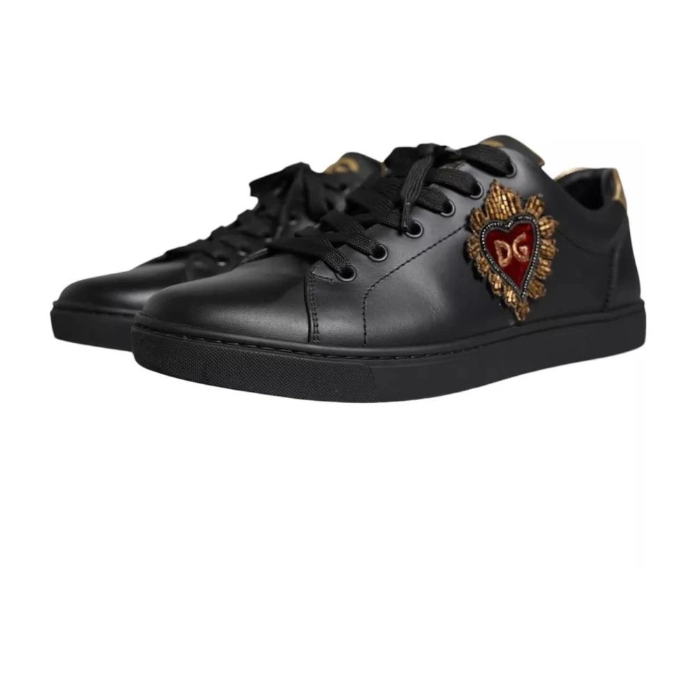 Dolce & Gabbana Zwarte Leren Hart Sneakers met Logo Black Heren