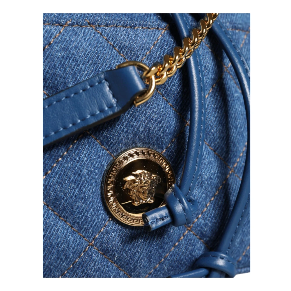 Versace Blauwe Gewatteerde Denim Leren Crossbody Tas Blue Dames