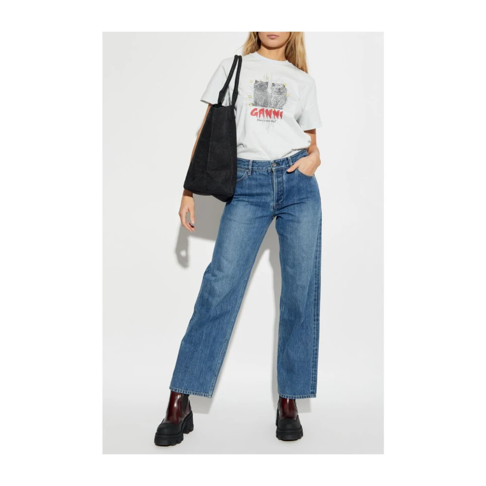 Ganni Blauw Grafisch Print Crew Neck T-shirt White Dames