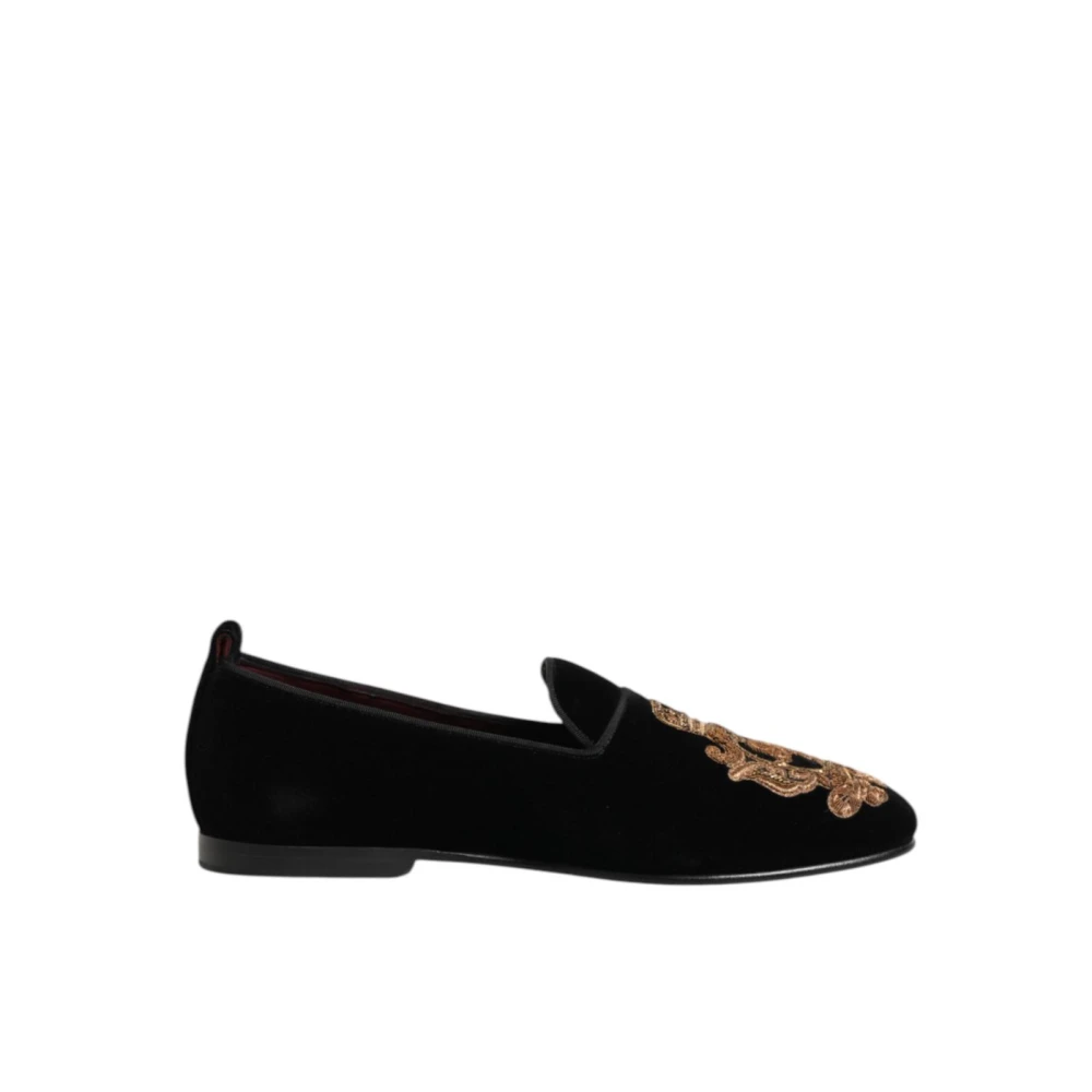 Dolce & Gabbana Vrouw Blauw Schoenen Dames, 40 Eu, Zwarte Velvet Gold Crown Loafers
