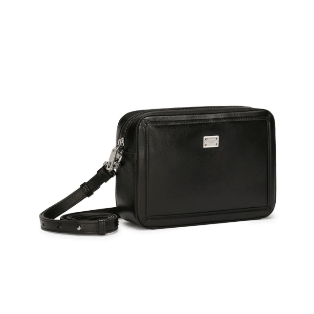 Dolce & Gabbana Zwarte leren crossbody tas met logoplaat Black Unisex