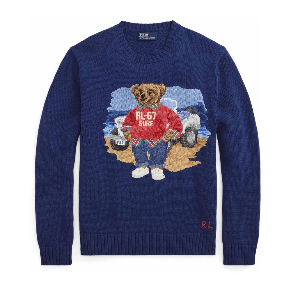 Polo Ralph Lauren Men's Blue Round-Neck Knitwear,, Intarsia-Knit Polo Bear Sweatshirt Large