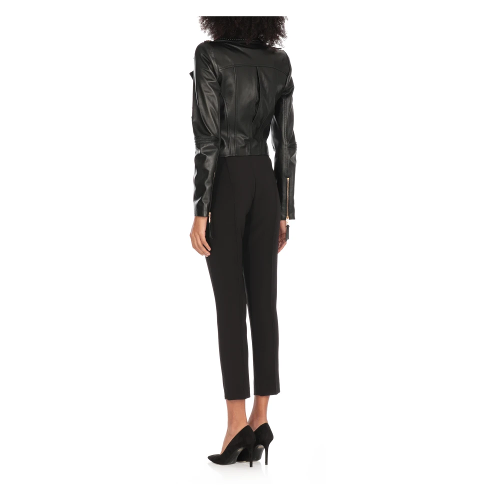 Elisabetta Franchi Zwarte leren jas met ritssluiting zakken Black Dames
