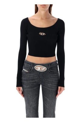 Svart Ribbad Crop Top med Metalllogo