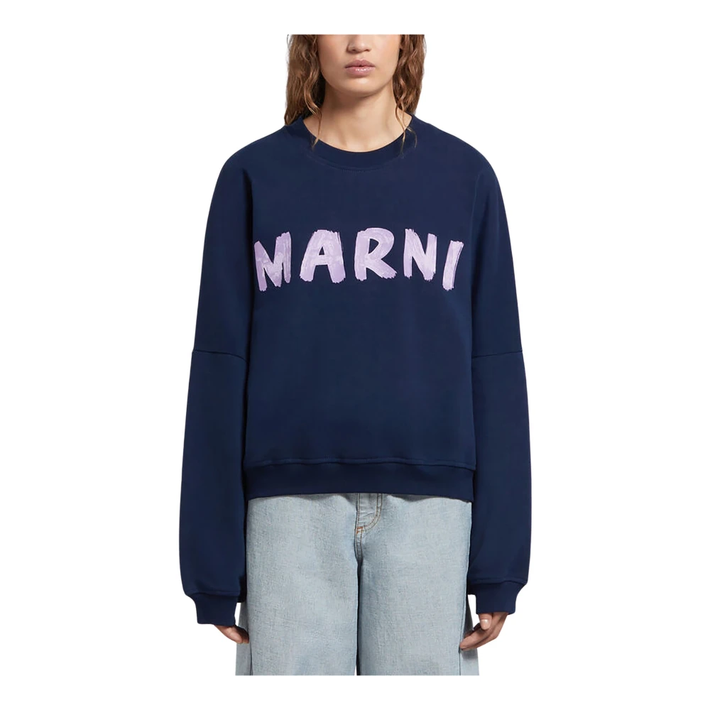 Marni Women's Blue Sweatshirts, Xs, Cotton Crewneck Sweatshirt With Logo