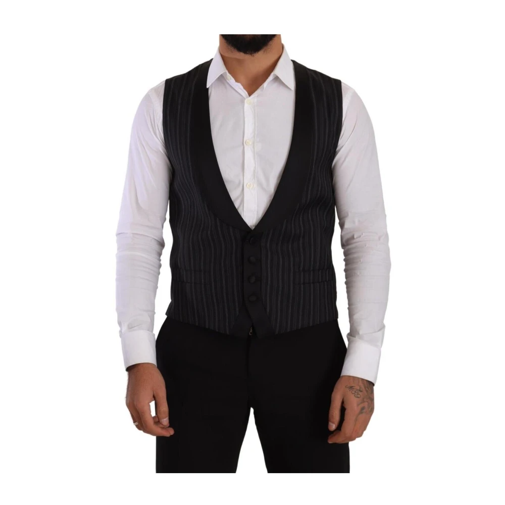 Dolce & Gabbana Men's Black Waistcoats, M, Striped Formal Dress Suit Vest