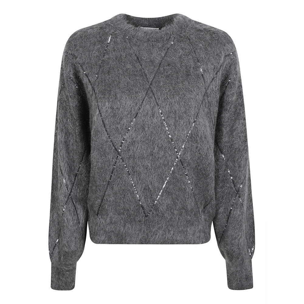 BRUNELLO CUCINELLI Sequin Argyle Crew Neck Sweaters Gray Dames