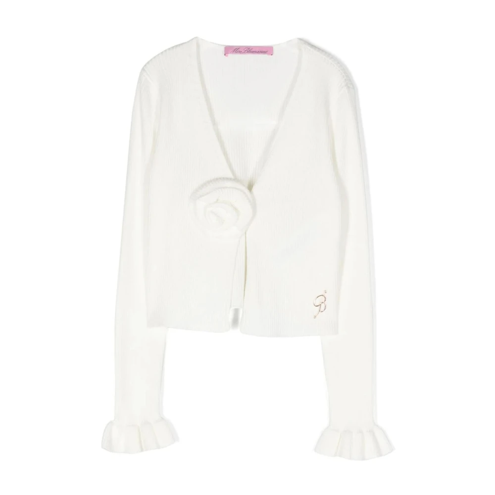 Blumarine Vit Ribbstickad Kofta med Rosapplikation White, Flicka