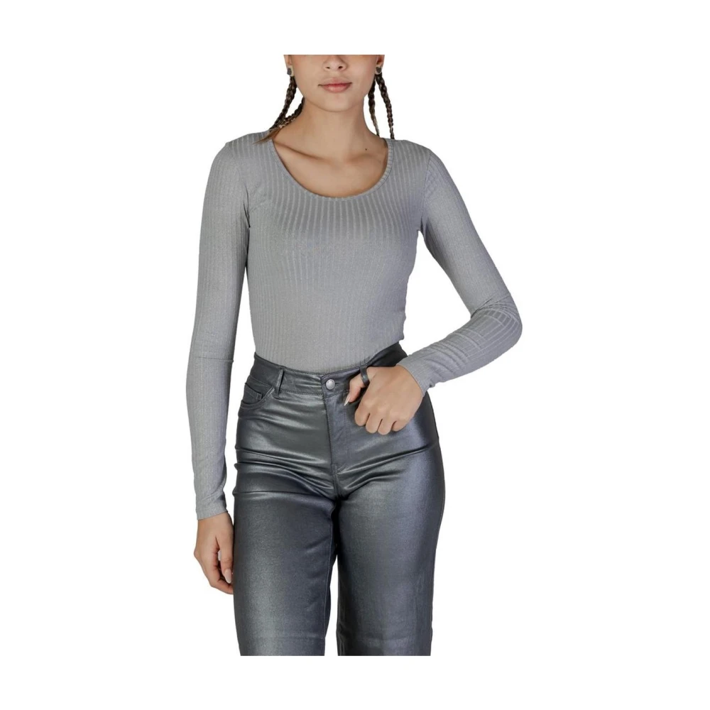 Vero Moda Geribbeld Slim Fit Longsleeve T-Shirt Gray Dames