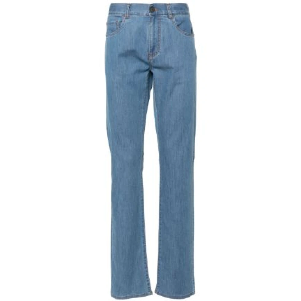 Canali Slim Mid-Rise Jeans med Logo Patch Blue, Herr