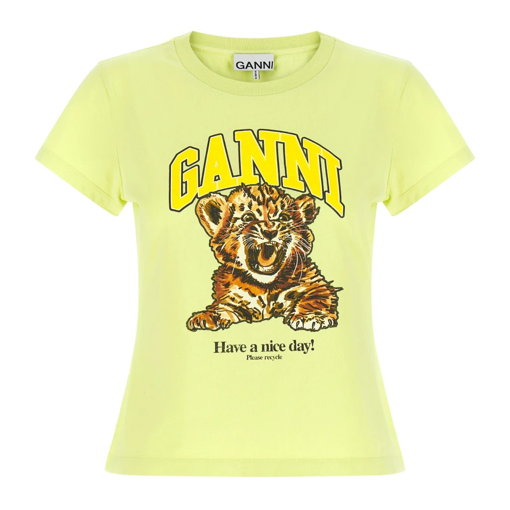 Ganni Women's Green T-Shirts, Xs, Basic Cotton Jersey Baby Fit Tiger T-Shirt