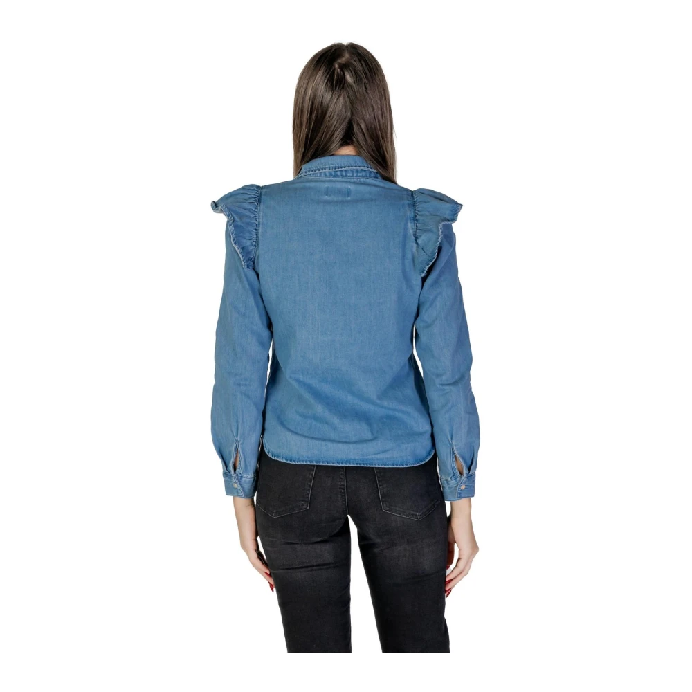 Only Blauwe Denim Shirt Geribbelde Kraag Blue Dames