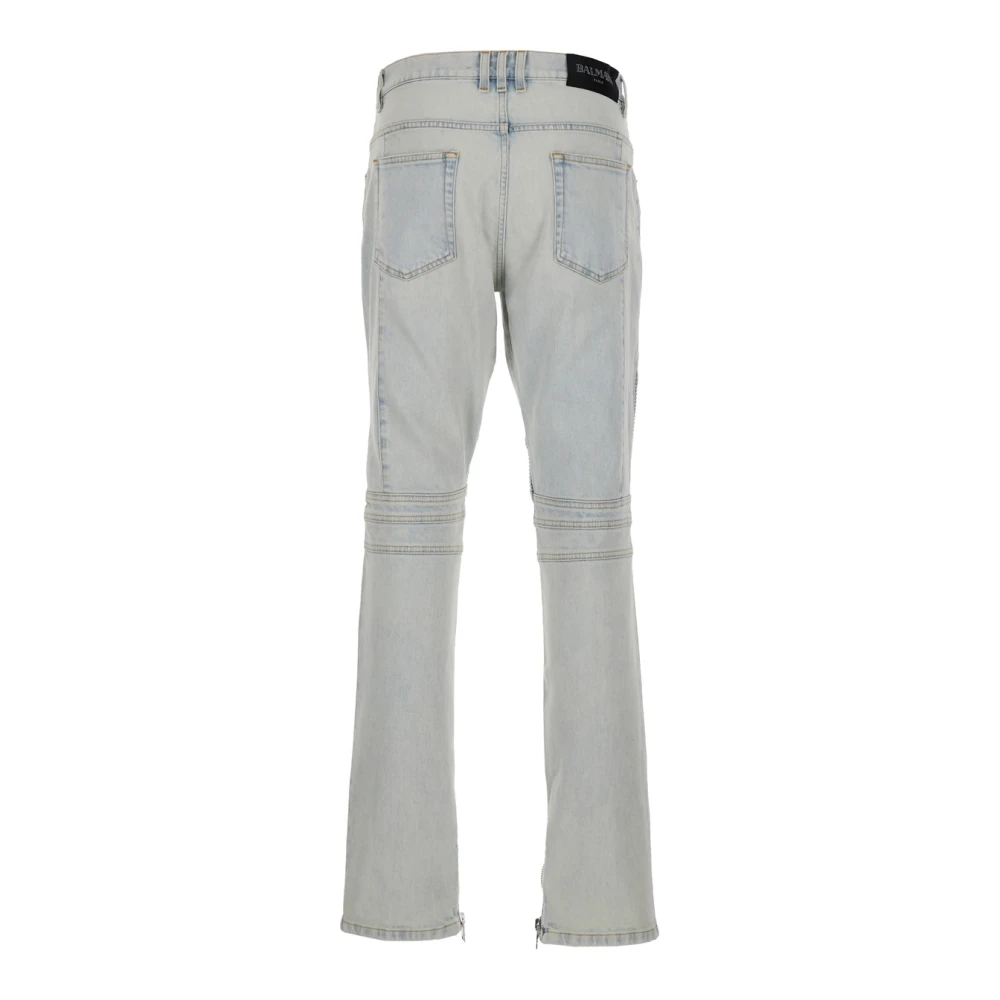 Balmain Biker Denim Broek Blauwe Wassing Blue Heren