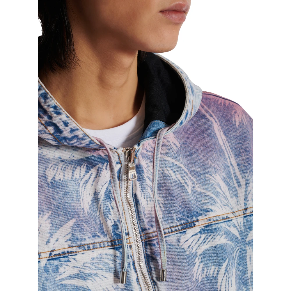 Balmain Denim Hooded Bomber Jacket met Palmboomprint Multicolor Heren