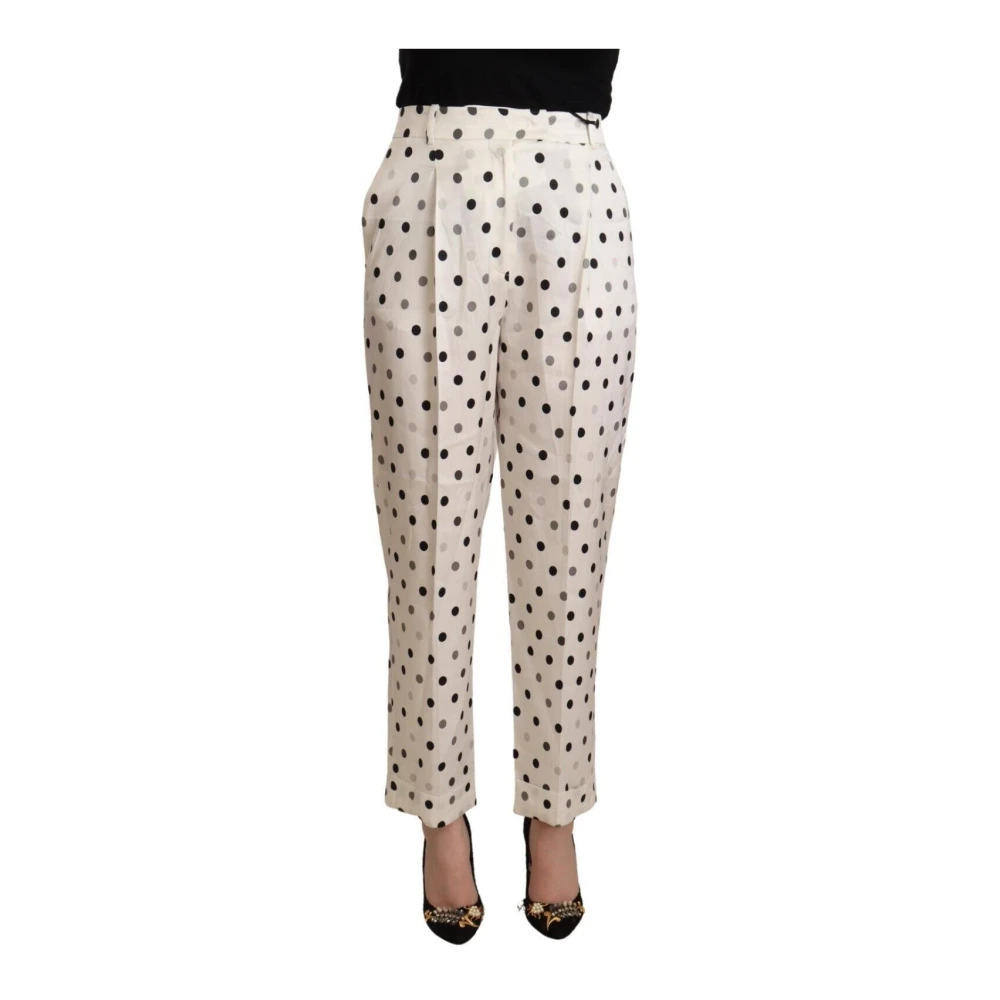 Ermanno Scervino Women's White Polka Dot Silk Trousers Straight Leg - Tapered Trousers - S - Trousers