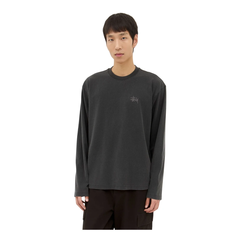 Stüssy Gewassen Crewneck T-shirt met Logo Borduurwerk Black Heren