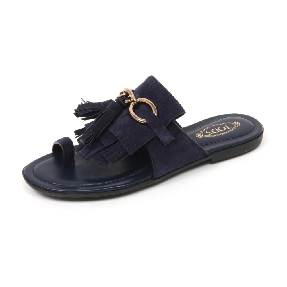 Tod's Women's Blue Flip Flops, 2 Uk, Frangia Sandal Shoe Made In Italy