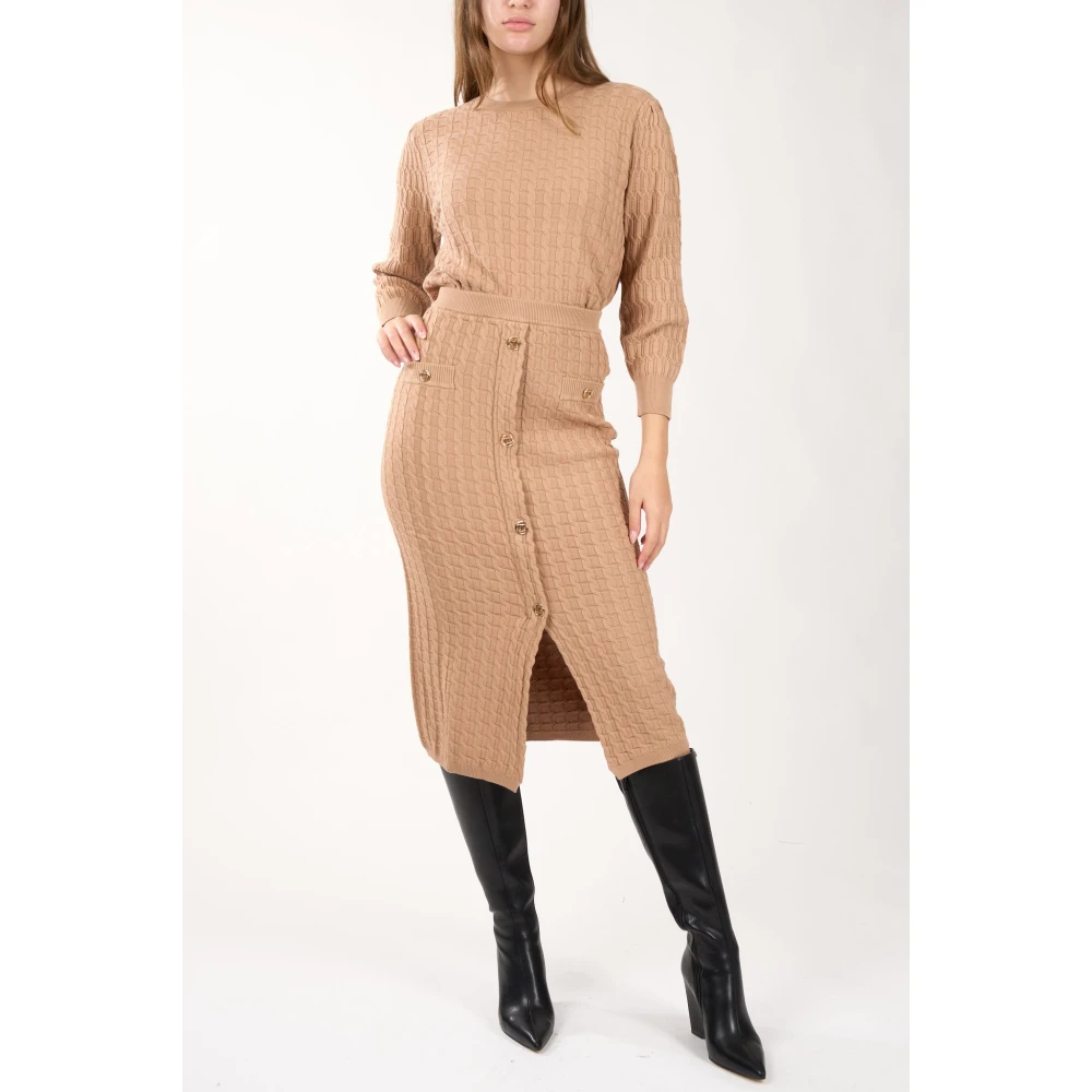 Twinset Geribbelde gebreide midi-jurk met knopen Beige Dames