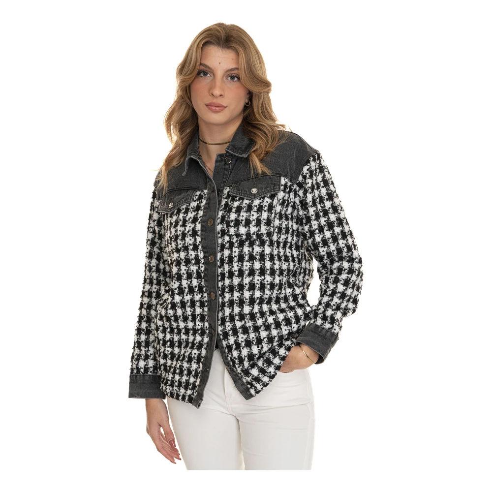 Liu Jo Houndstooth Blouse Jack met Jeansdetails Black Dames