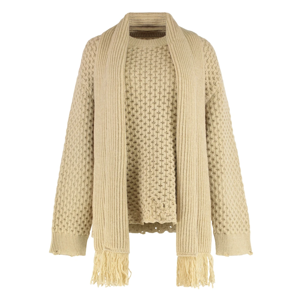 Mm6 Maison Margiela Women's Beige Round-Neck Knitwear, L, Wool-Blend Crew-Neck Jumper