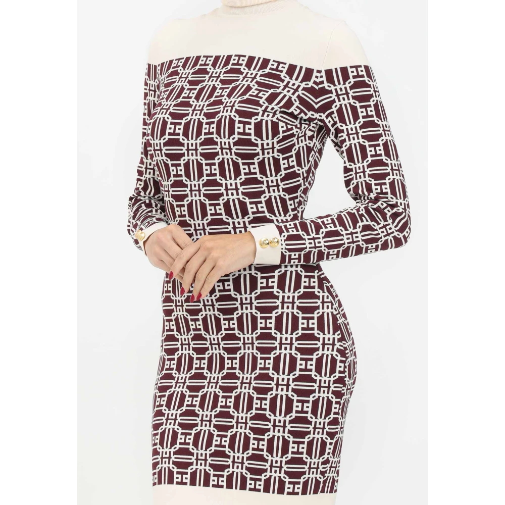 Elisabetta Franchi Bordeaux Jacquard Logo Print Jurk Brown Dames