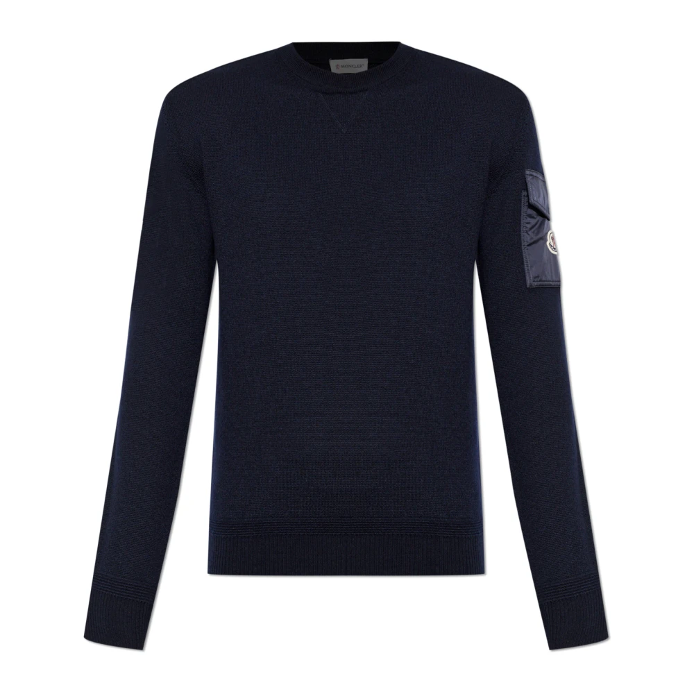 Moncler , Round-Neck Knitwear, Male, Blue, L, Jumper With Sleeve Pocket