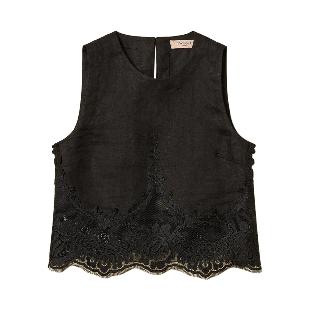 Twinset Women's Black Sleeveless Tops, M, Lace-Detail Top