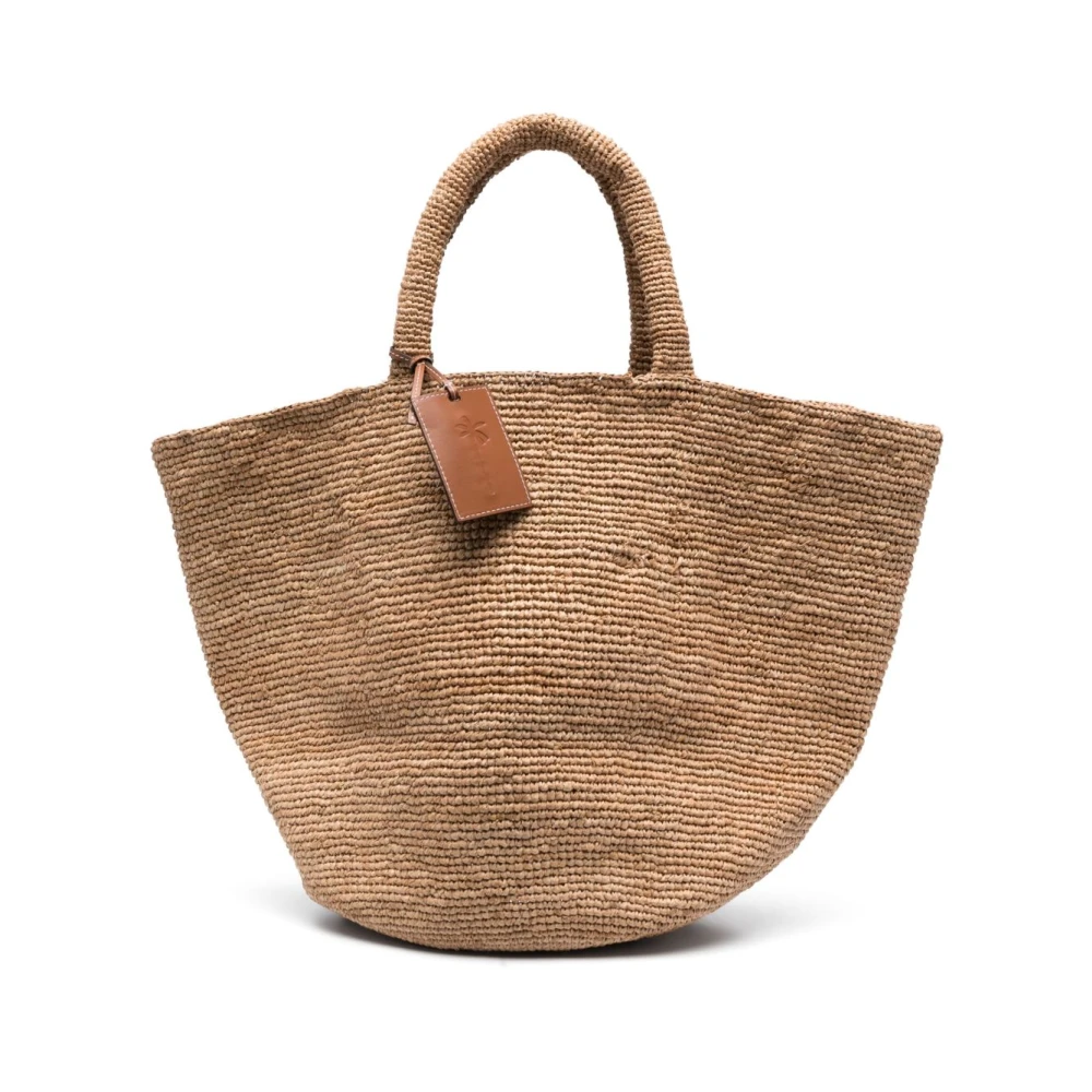 Manebí Beige Raffia Tote Tas met Logo Brown Dames