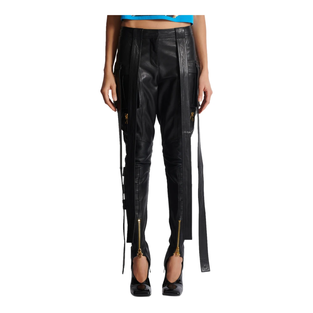 Balmain Leren cargobroek met banden Black Dames