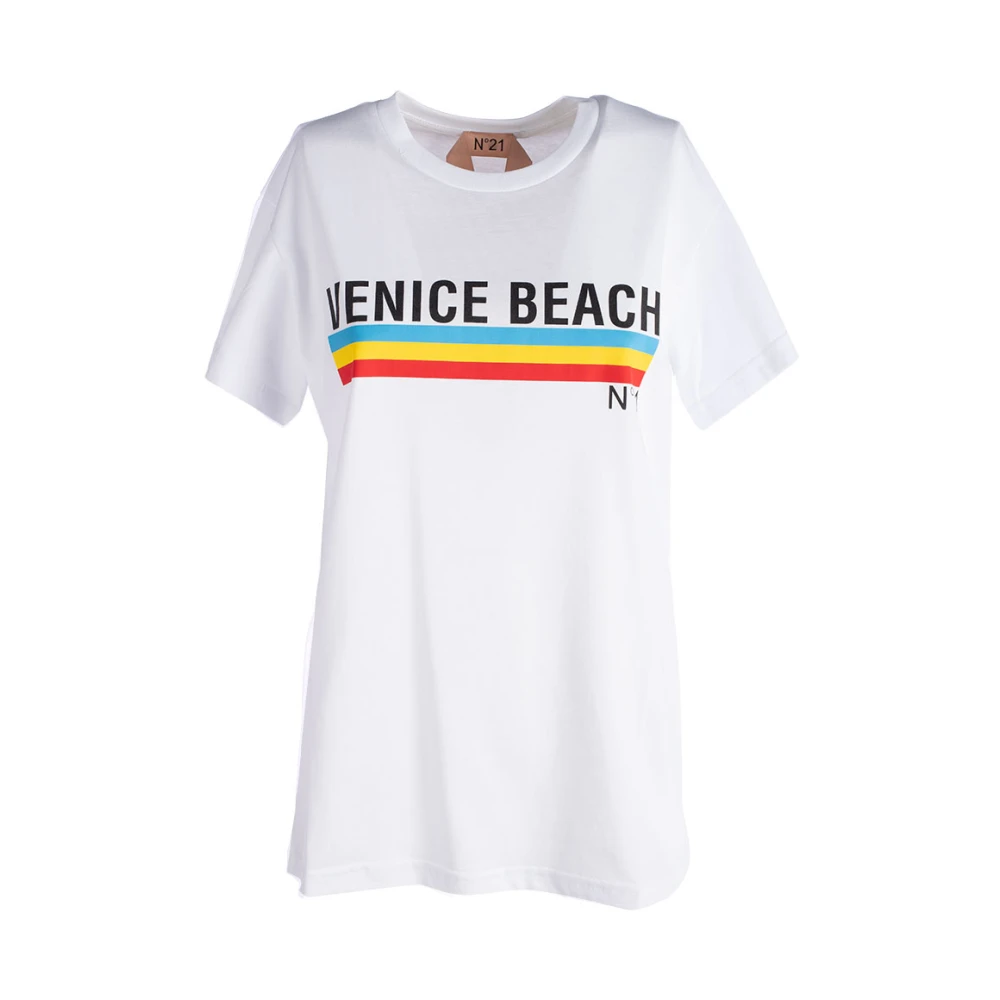 N21 Witte Katoenen T-shirt met Venice Beach Print en Regenboog Detail White Dames