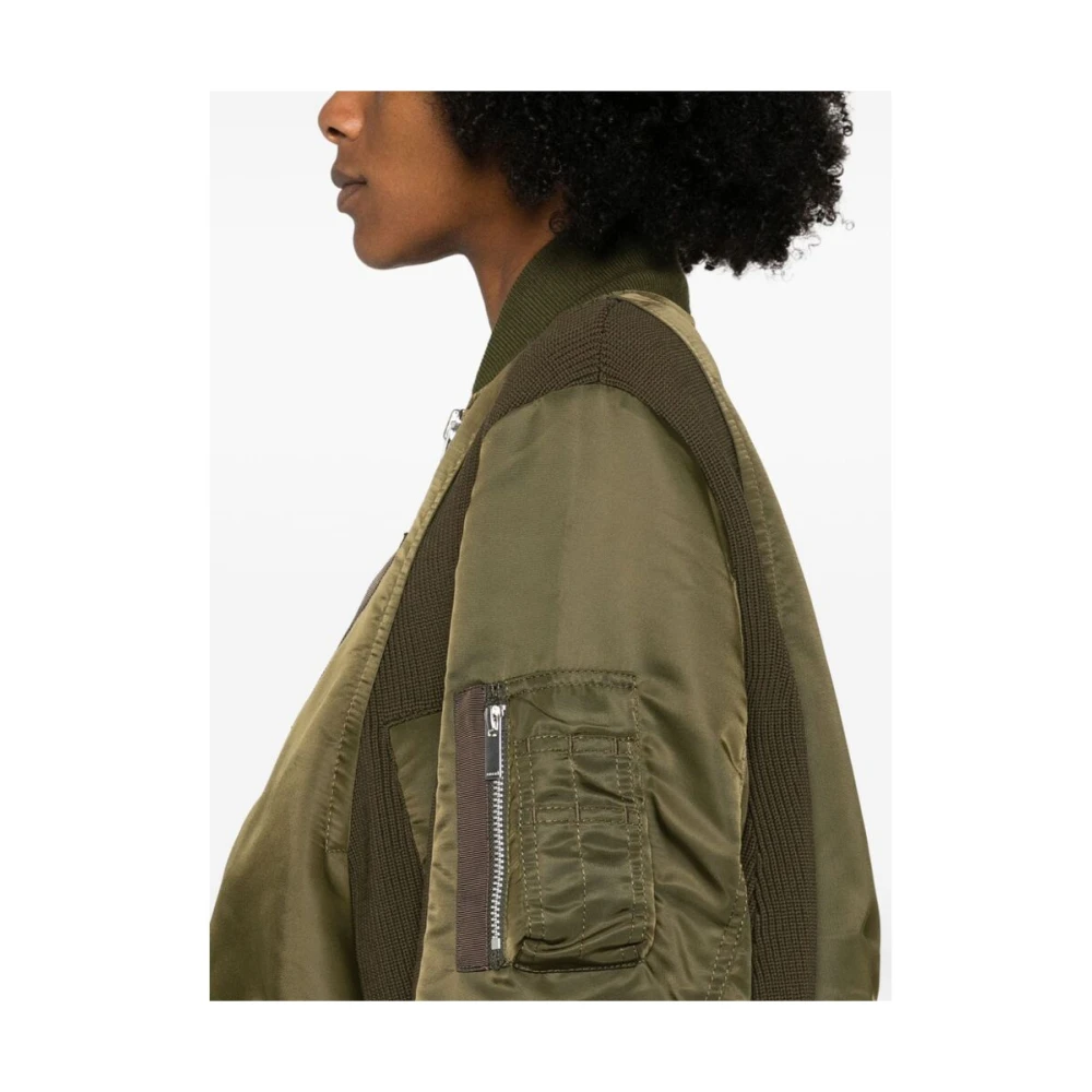 Sacai Groene Gebreide Panelen Gewatteerde Jas Green Dames
