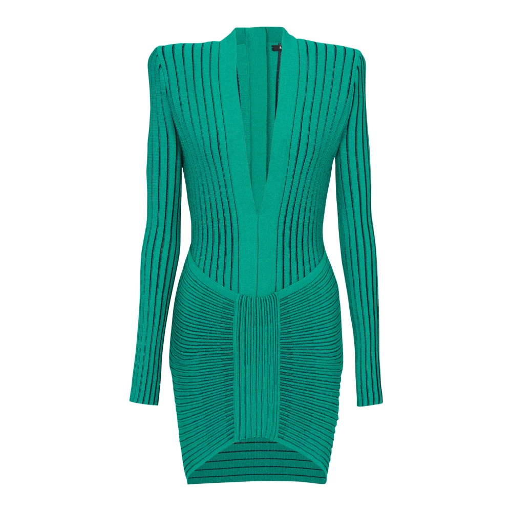 Balmain Lange Mouw V-hals Egyptische Knit Korte Jurk Green Dames
