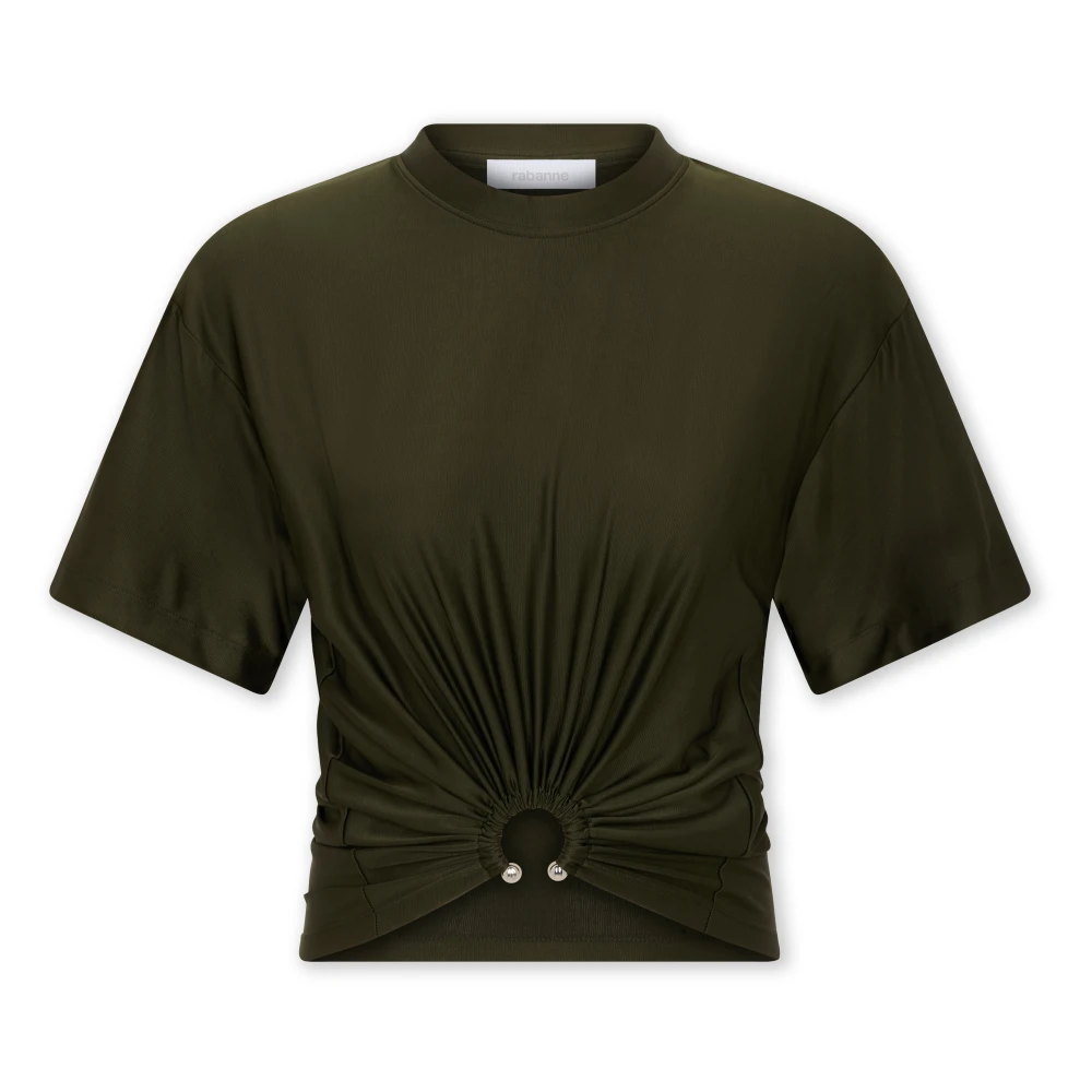Rabanne Women's Green T-Shirts, M, Khaki Cropped T-Shirt With Silver Detail