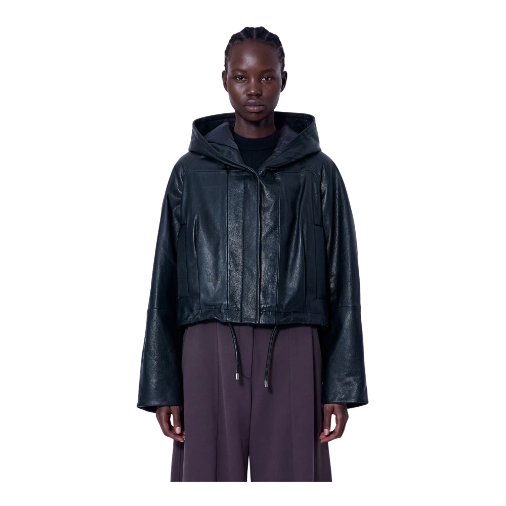 Sportmax , Leather Jackets, Female, Black, Xs, Hooded Leather Jacket