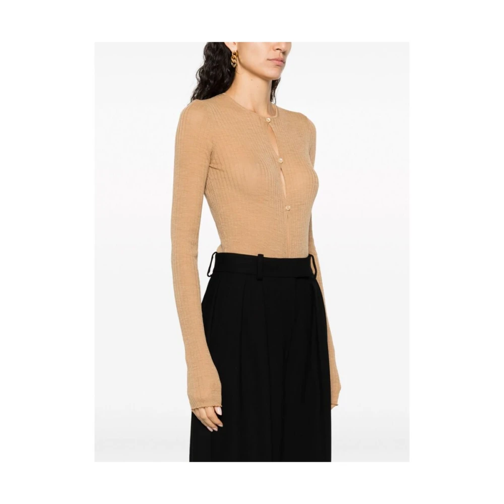 SPORTMAX Geribbelde Gebreide Button-Up Bodysuit Beige Dames