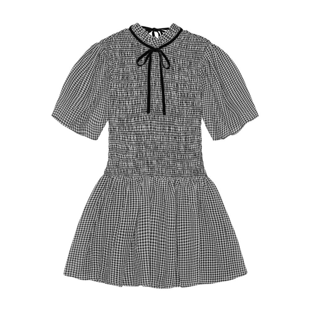 Ganni Geruite Mini Smock Jurk Black Dames