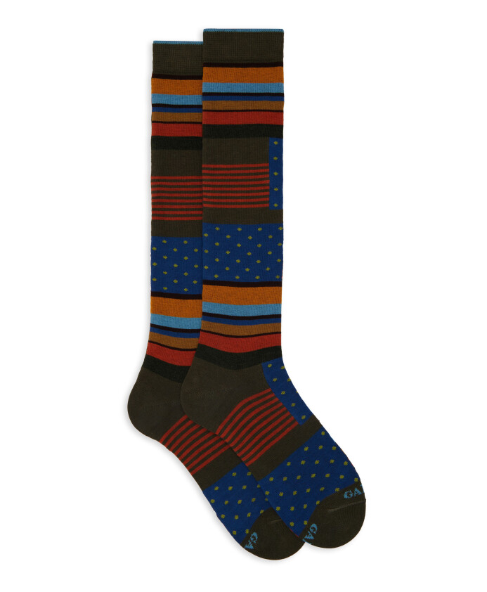 chaussettes-longues-en-coton-vert-pour-hommes-avec-motif-a-blocs-multicolores-pois-et-rayures-windsor