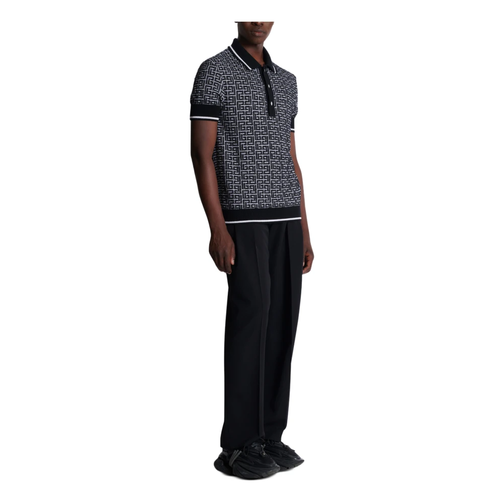 Balmain Labyrinth Knit Polo Shirt Black Heren