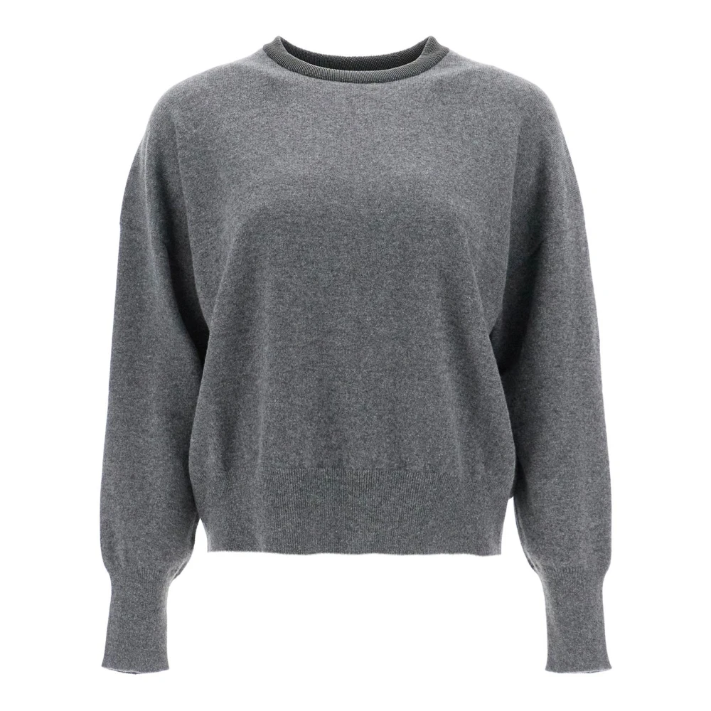 BRUNELLO CUCINELLI Grijze Cashmere Trui met Monile Borduurwerk Gray Dames