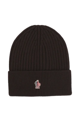 Logopatchad ribbstickad mössa i ull