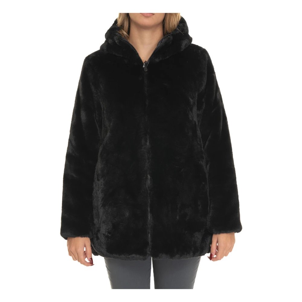 Save The Duck Omkeerbare Hooded Bridget Coat met imitatiebont Black Dames